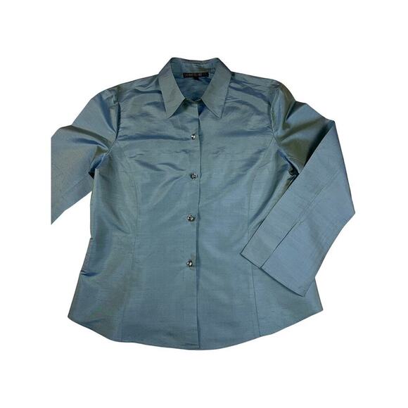 Lafayette 148 New York 100% Silk Iridescent Teal Crystal Button Blouse Size 12 - Picture 1 of 10